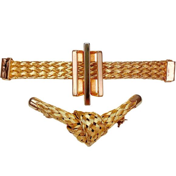 VTG Set of 2 Brooches 50s 60s Gold Tone Mesh Knot & Bar Mid Century Sculptural - Picture 1 of 12